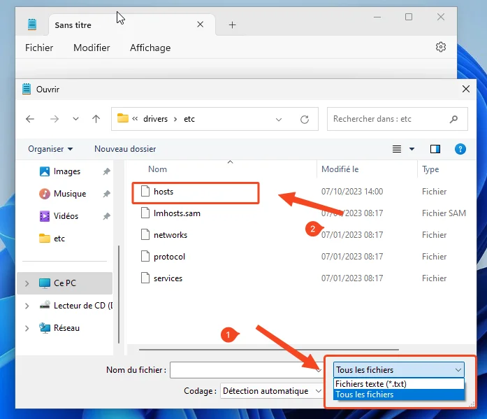 Ouvrir le fichier host depuis Bloc note