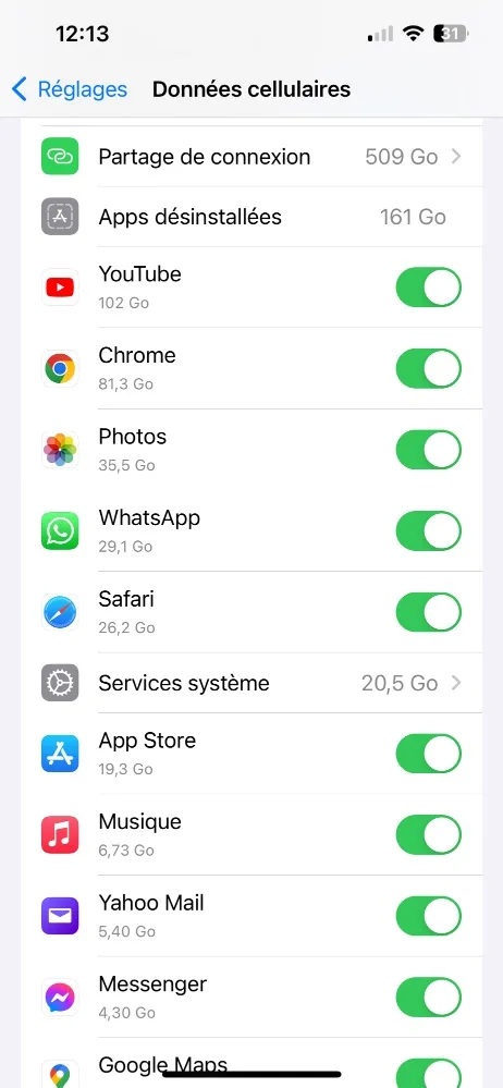 Capture d'écran montrant la consommation internet de chaque application sur iPhone