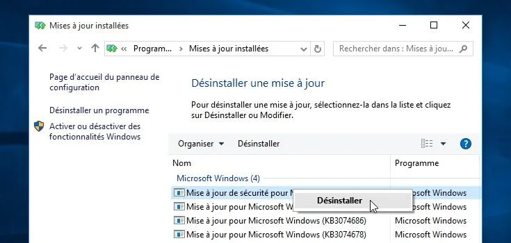 Desinstaller maj windows10