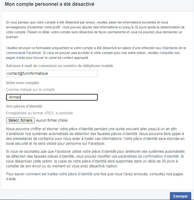 Formulaire pour contester la désactivation d'un compte Facebook.