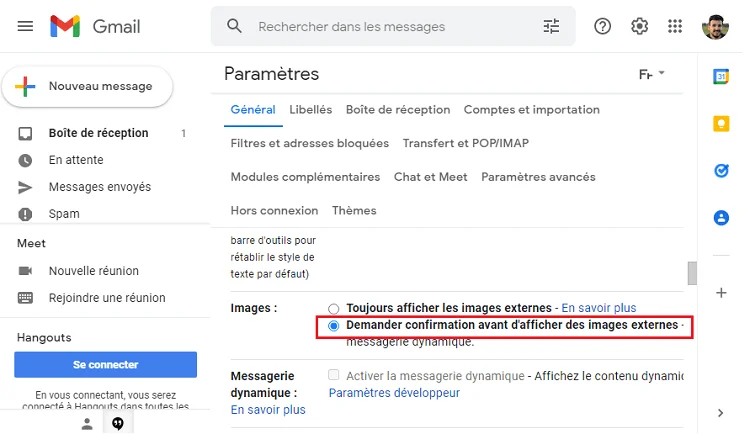 Gmail parametres image demander confirmation avant afficher