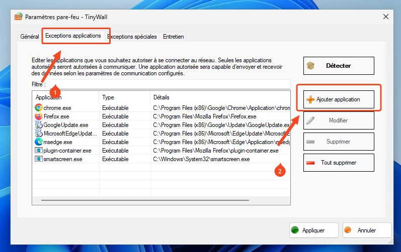 Autoriser application parfeu