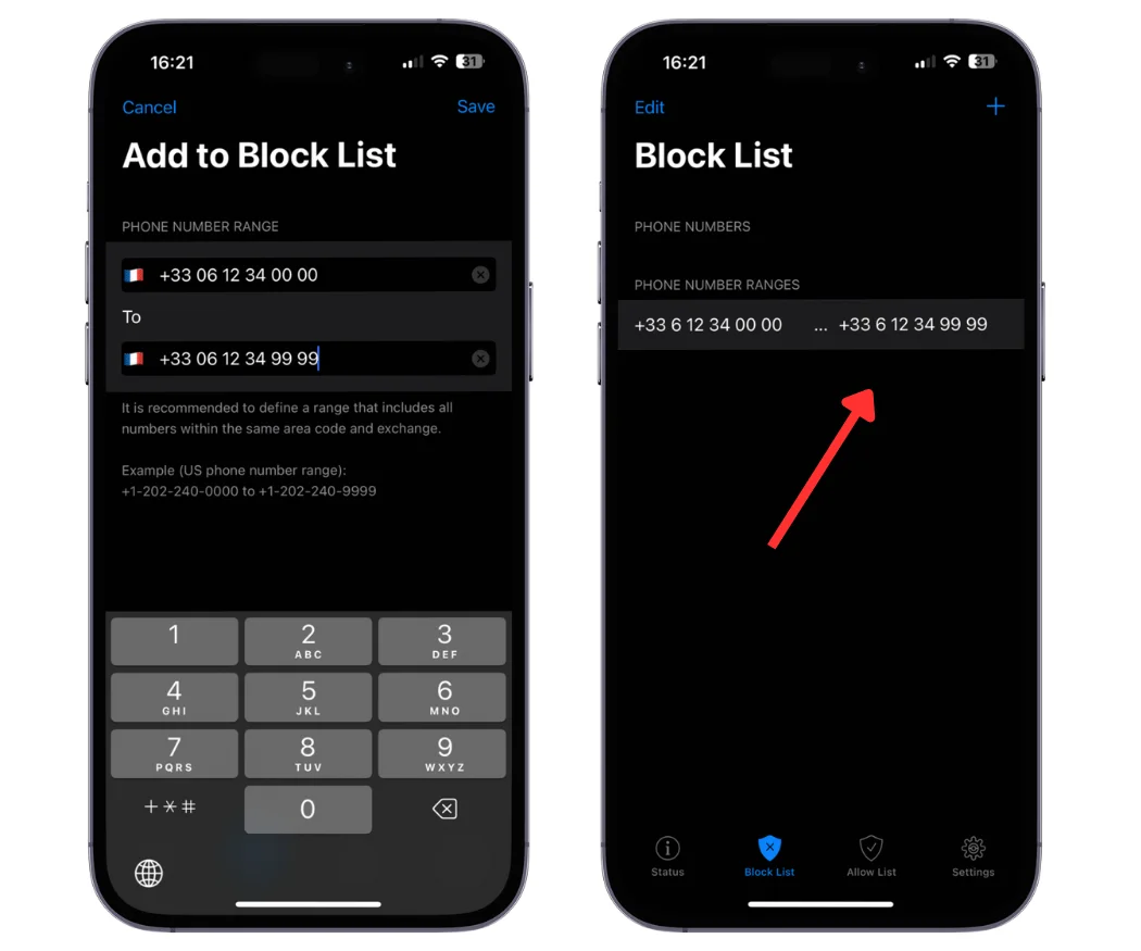 Bloquer range numero telephone